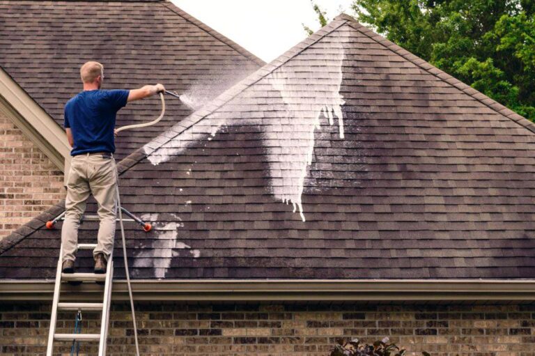 Daniel Hood Roofing team using low-pressure soft wash to remove black mold from roof.
